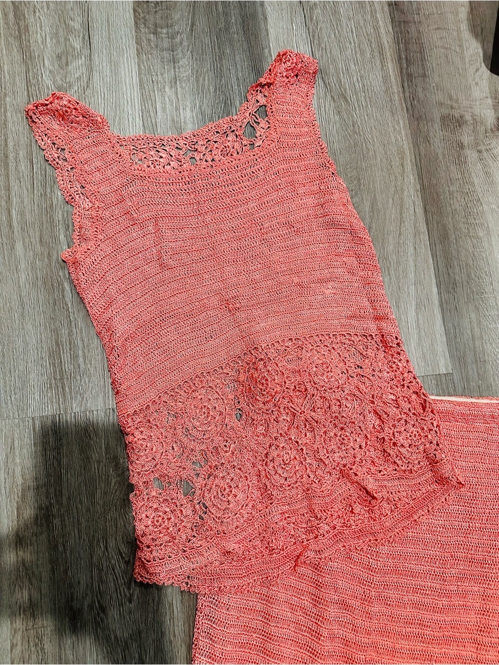 Mix Nouveau Apricot Coral Crochet Knit Maxi Skirt Set Boho Coastal Size L - Picture 3 of 10